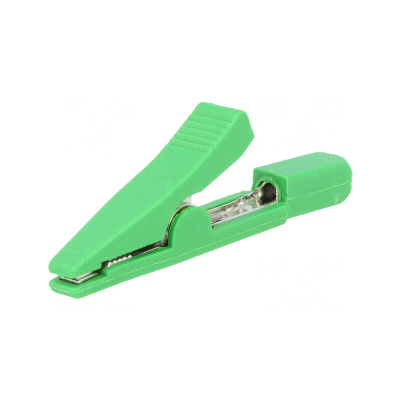Bornă crocodil verde 5A 70VDC 42mm nichelată | Electronic-mag.ro | Componente Electronice