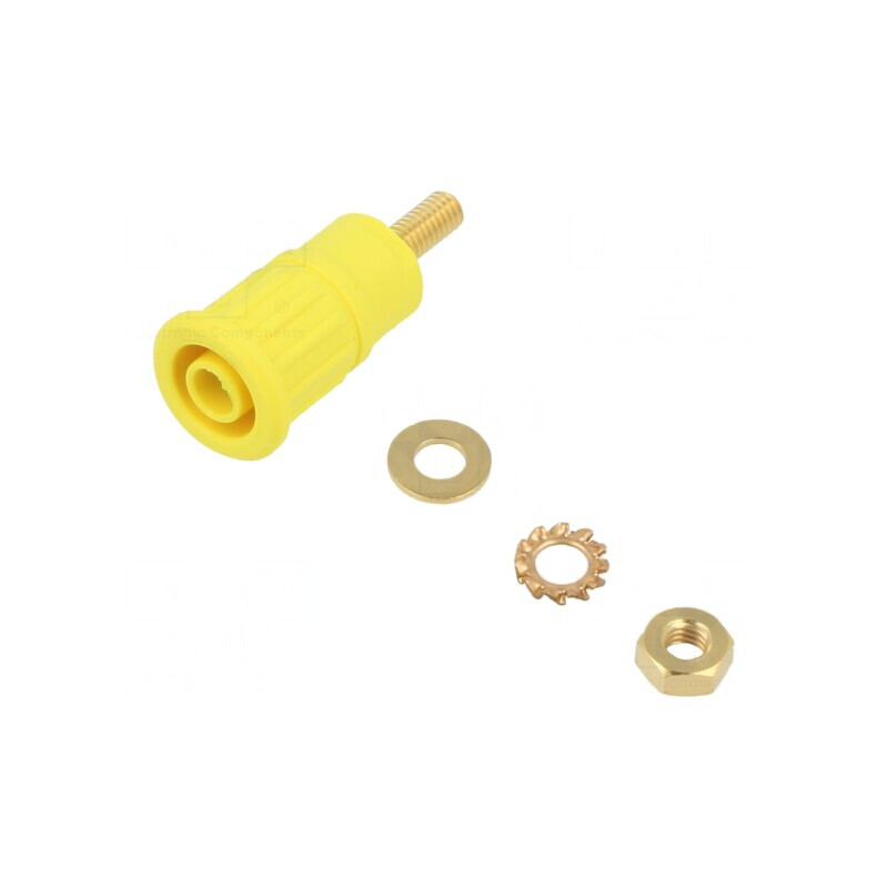Soclu banană galben 4mm 32A 1kV aurit pe panou cu izolație | Electronic-mag.ro | Componente Electronice