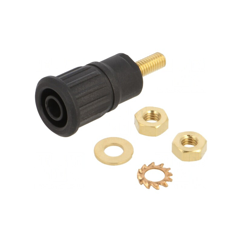Soclu banană 4mm 32A 1kV negru aurit cu izolaţie | Electronic-mag.ro | Componente Electronice